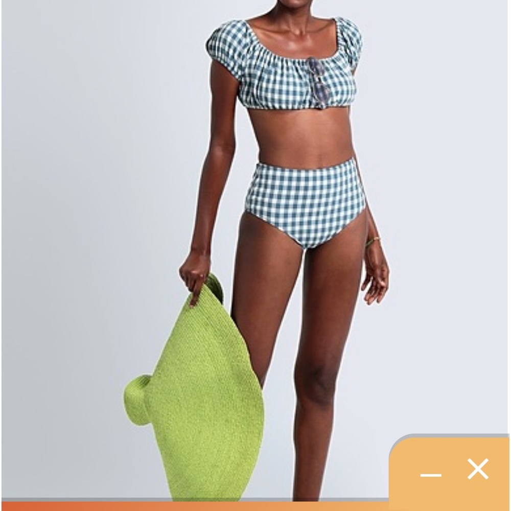 COCOFREE Women 
Teal Gingham Puff Sleeve
Bandeau High Waist BIKINI
Swimsuit